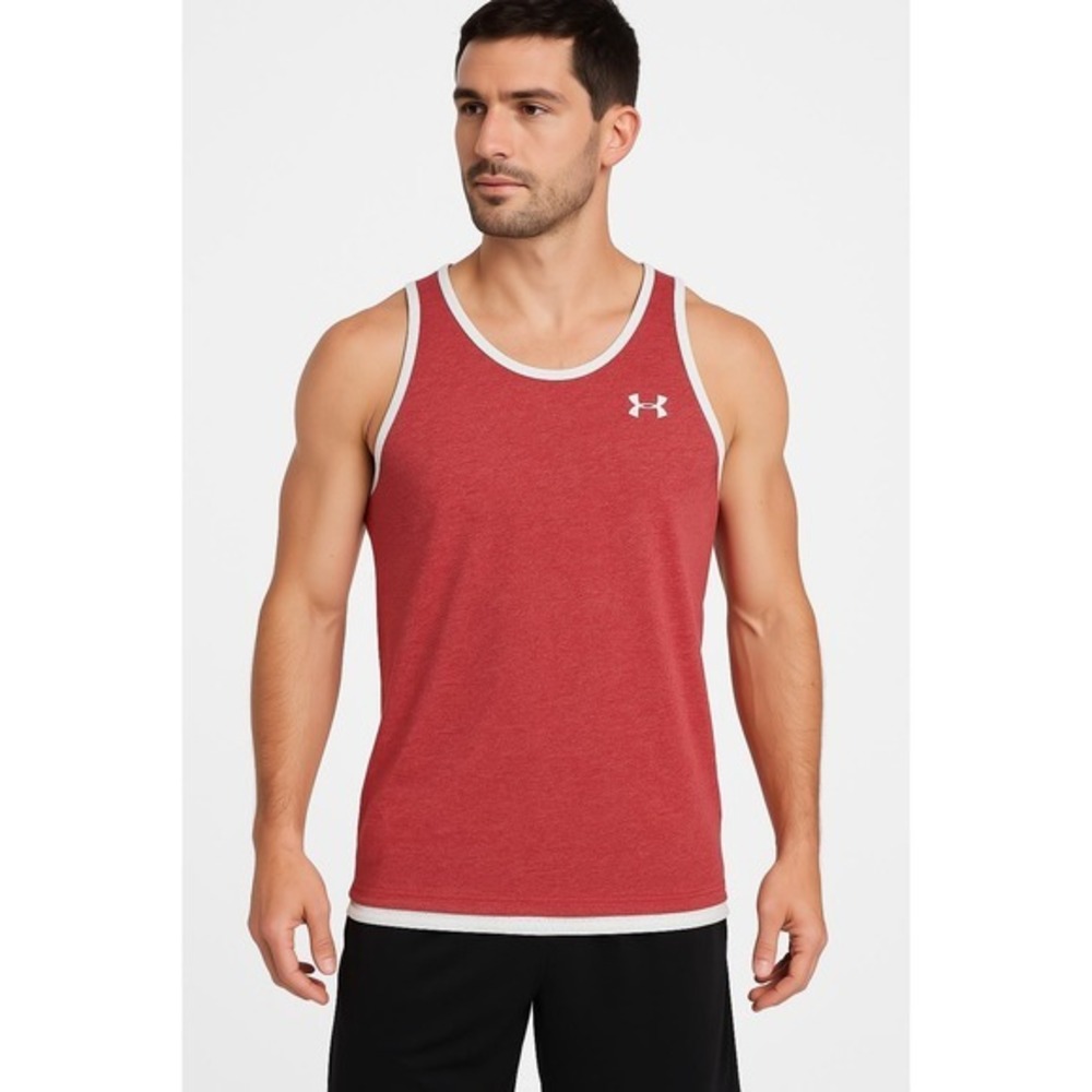 Under‎ Armour Tank Top Men Size Med Red White Trim Double Layered Heat Gear
